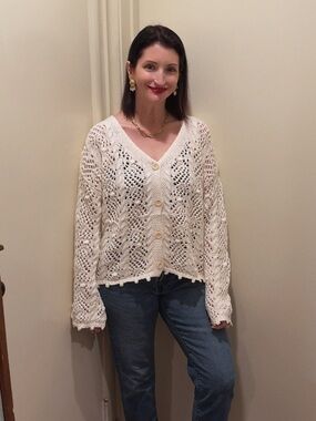 Miracle Cream Open-Knit V-Neck Button Cardigan